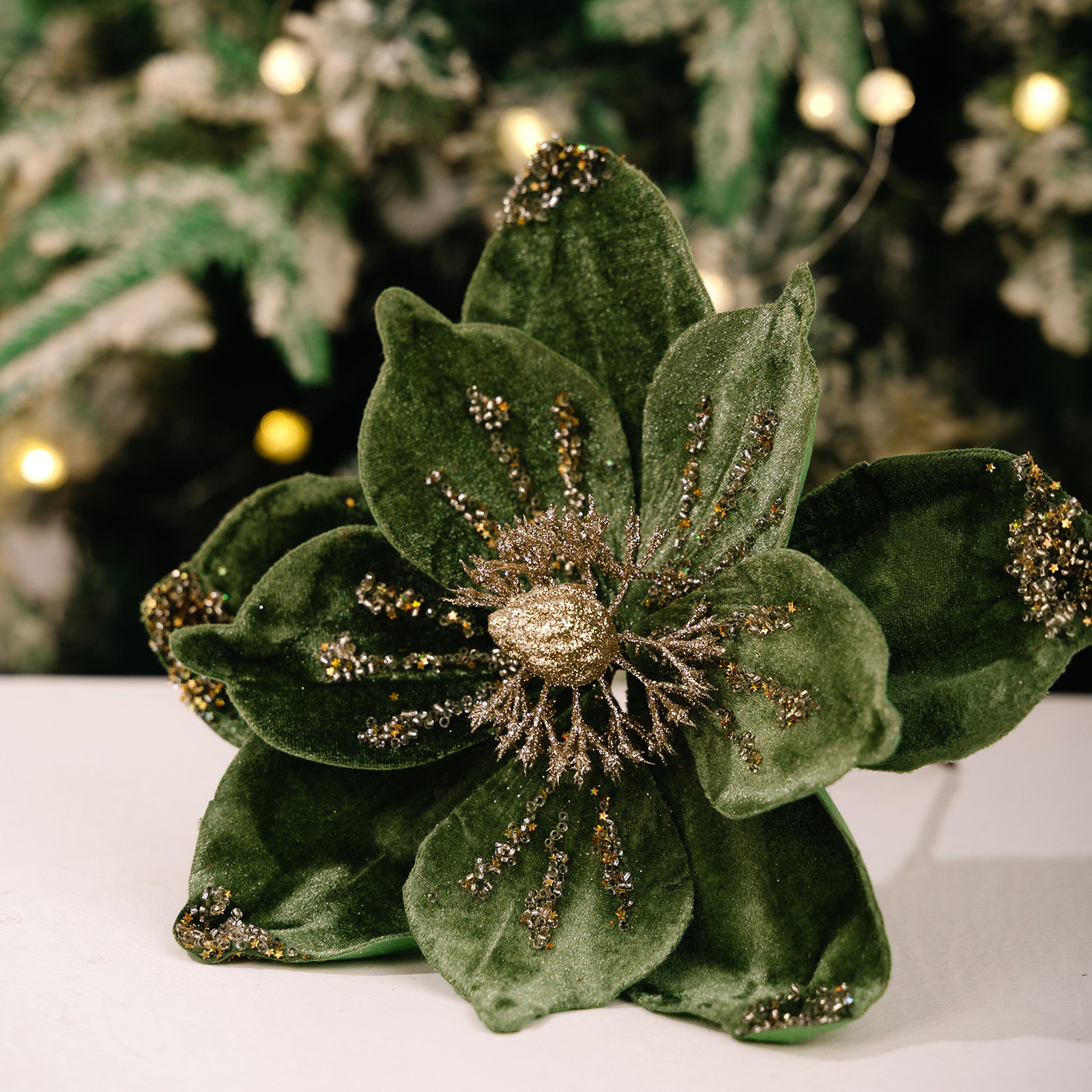 Artificial Velvet Poinsettia Picks Glitter Detail Holiday Garland Gift Box Decor