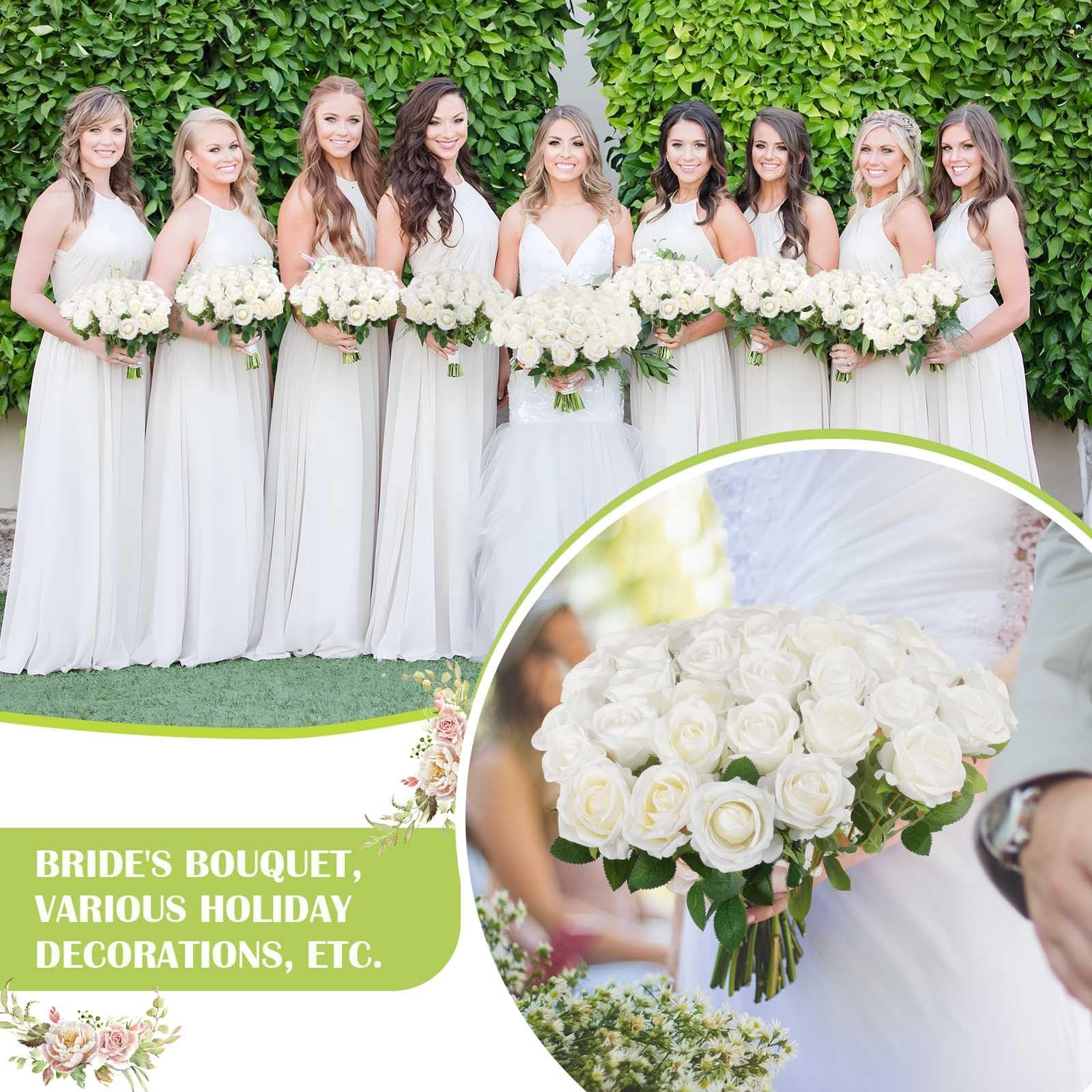 Rowfad 60 Pcs Artificial Roses Bulk Velvet Silk White Roses White Roses for W…