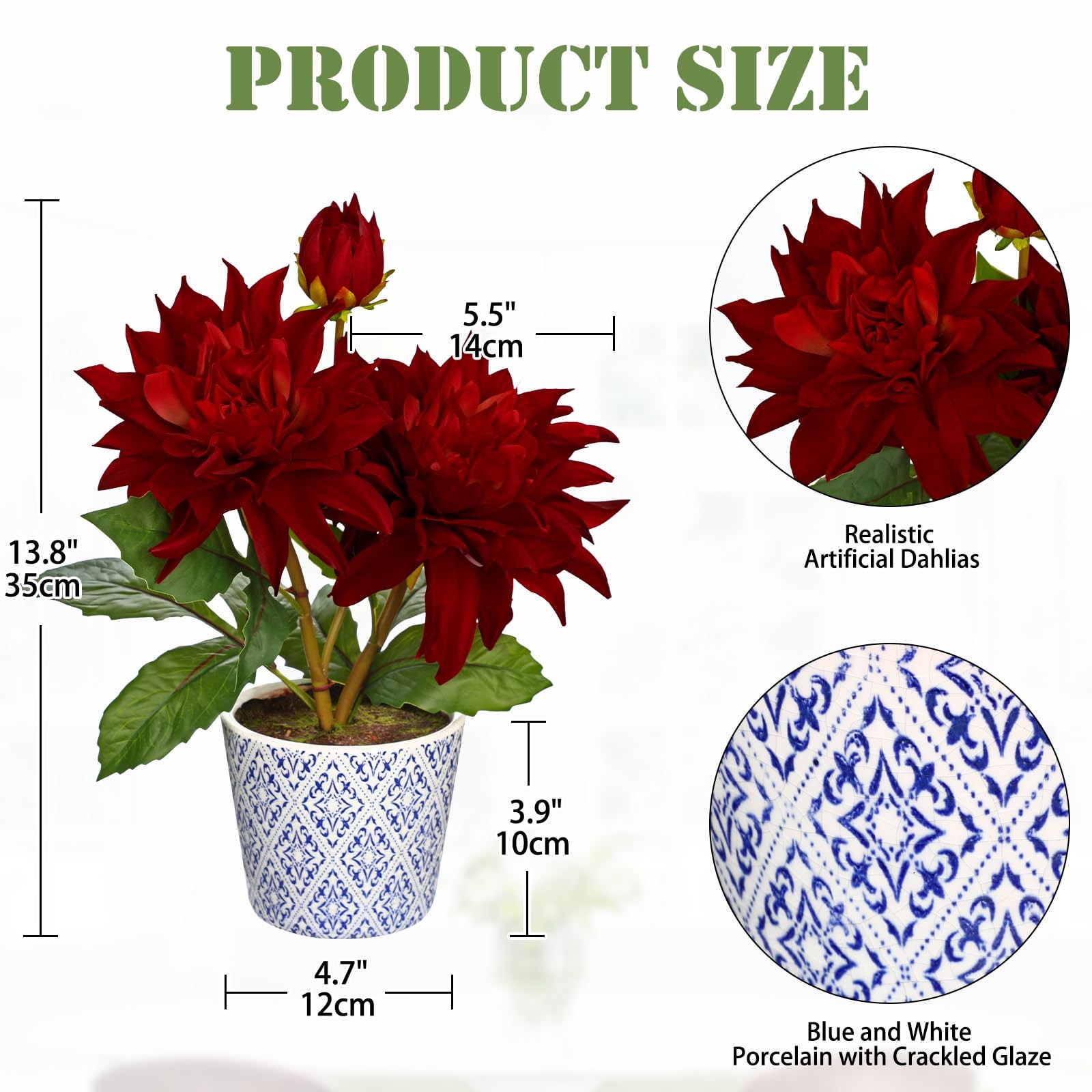 Artificial Dahlia Fall Flower in Blue and White Ceramic Pot – 13.8″ Silk Dahl…