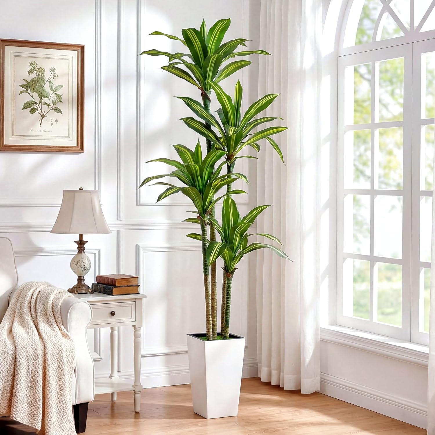 7FT Dracaena Artificial Plants Indoor,With White Tall Planter | Decor Fake Tree,
