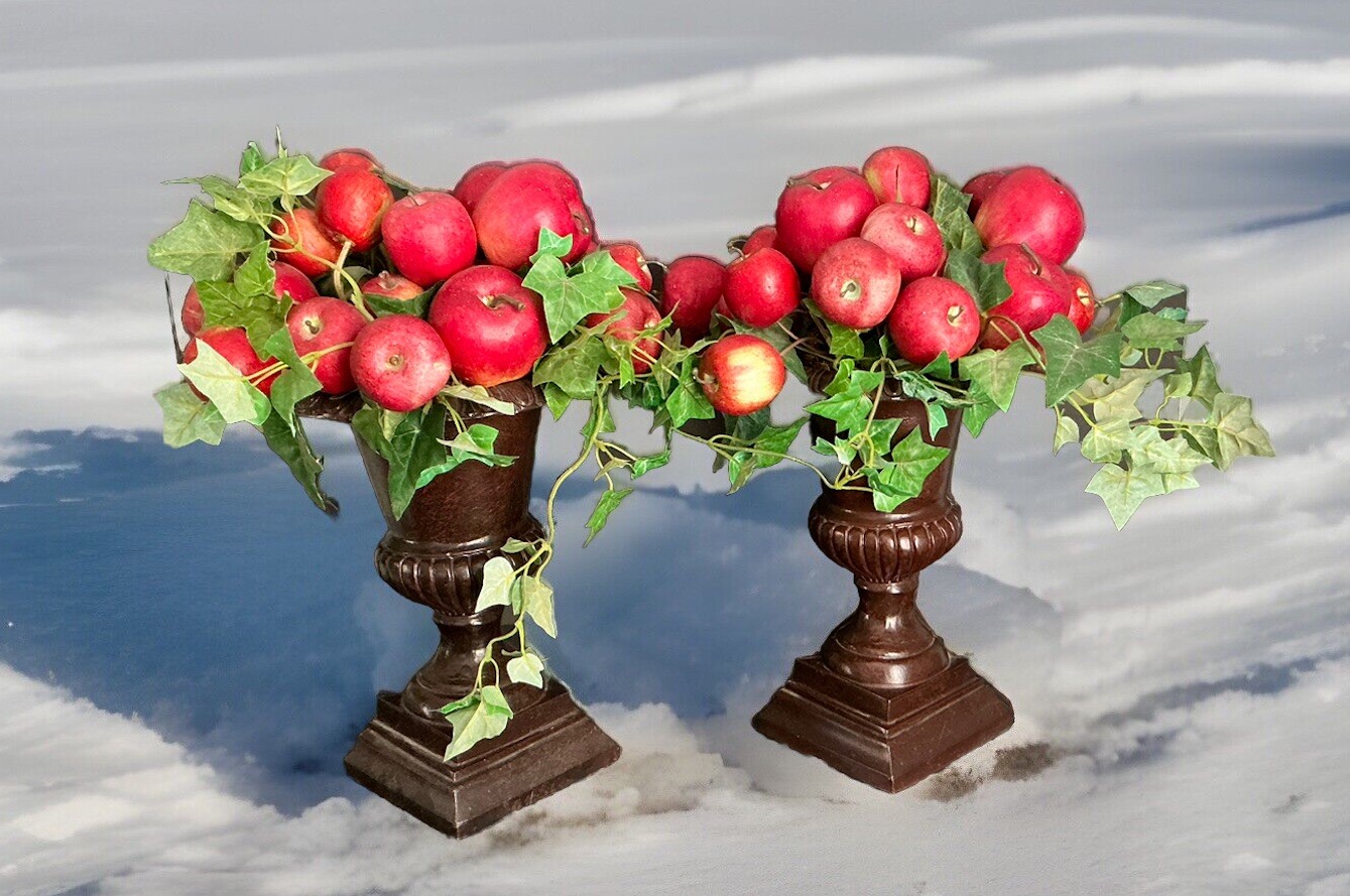 2 Vtg Artificial Red Apple Leaf Topiary Clay Planter Potted Heavy 16’’ Signed!