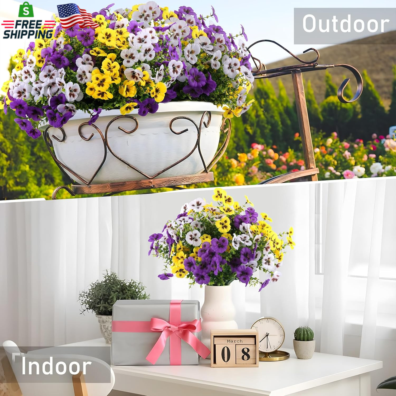 18 Pcs Artificial Fake Pansy Flowers for Outdoor, Faux Silk Pansies Spring Flowe