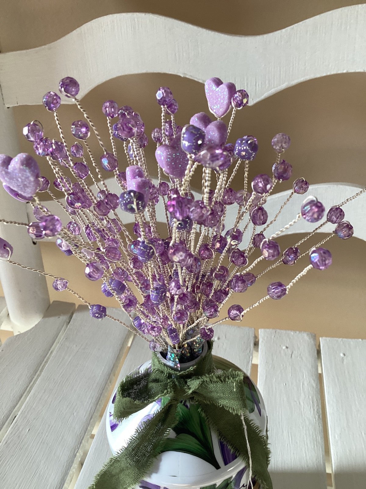 HANDMADE PURPLE HEART BEADS SILVER WIRE WRAP ARRANGEMENT BOUQUET W VASE GREEN