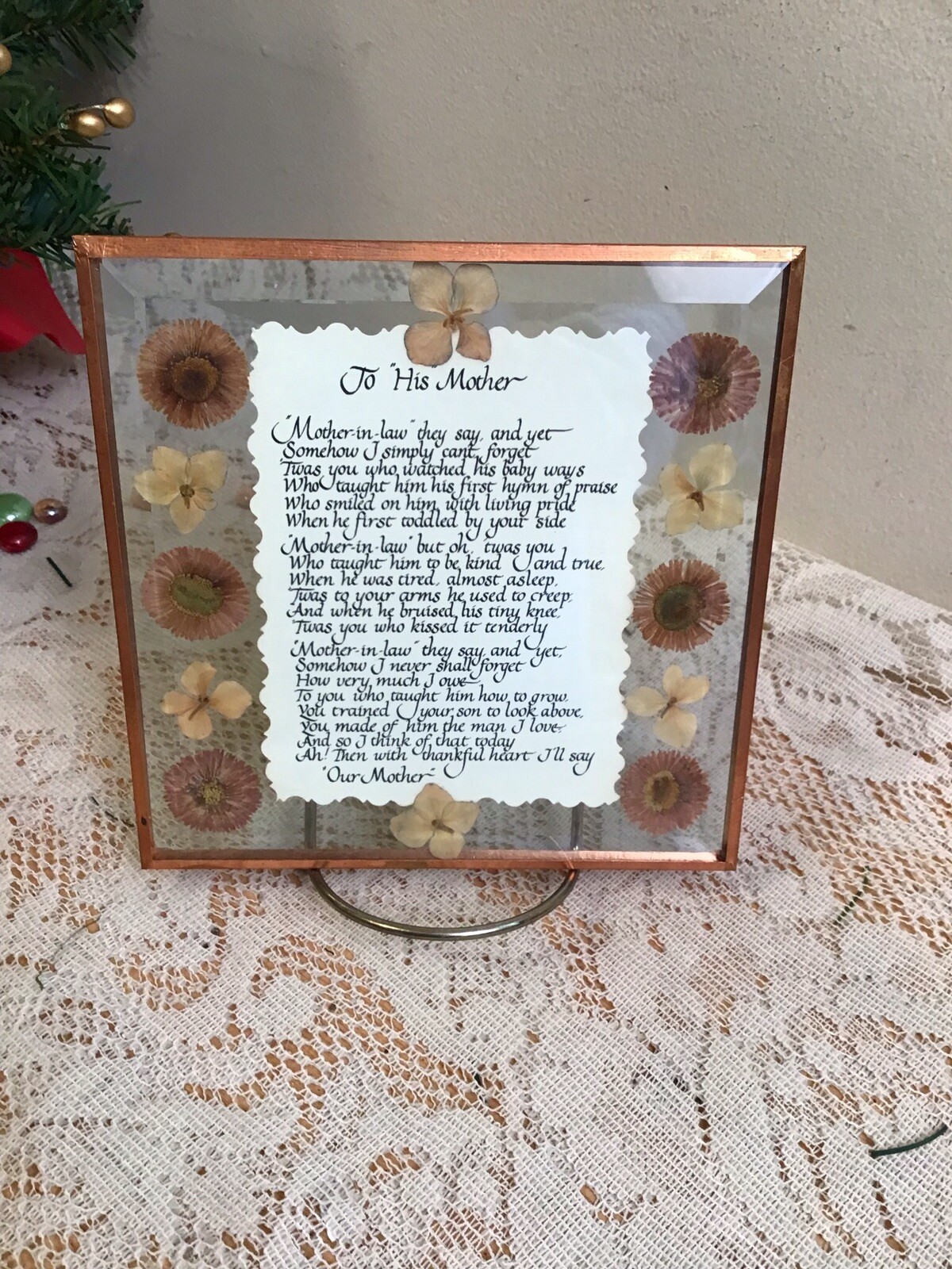 Pressed Dried Flowers Beveled Glass Verse TO HIS MOTHER – Display- Copper Edge