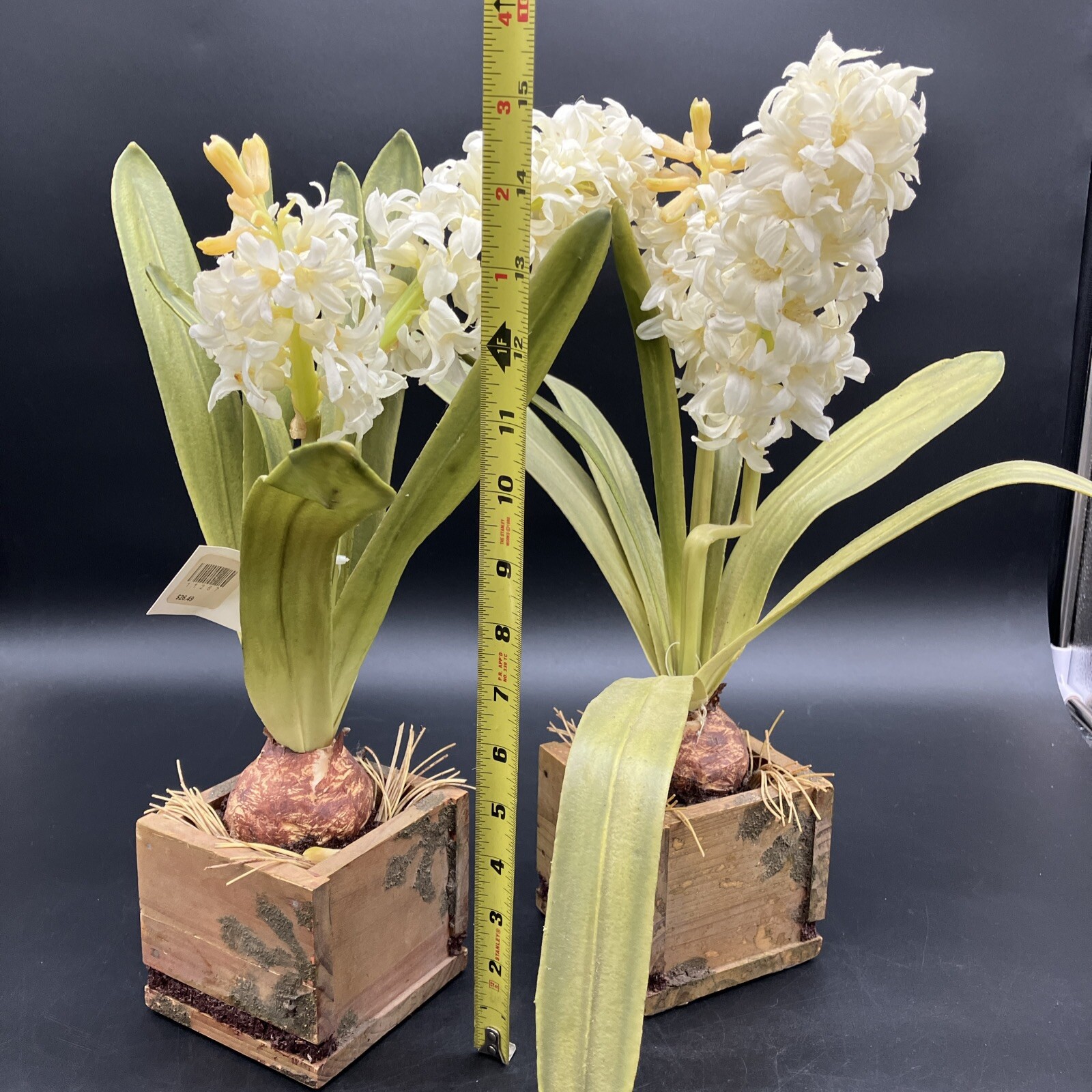PAIR Faux Hyancinth Bulb And Stem WOOD Planter. Large. Nice.