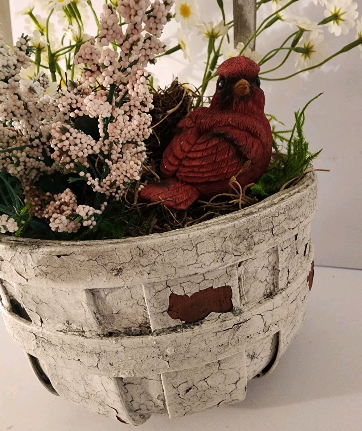Artificial Bird Floral Arrangement In Crackled Apple Basket Summer Accent Piece
