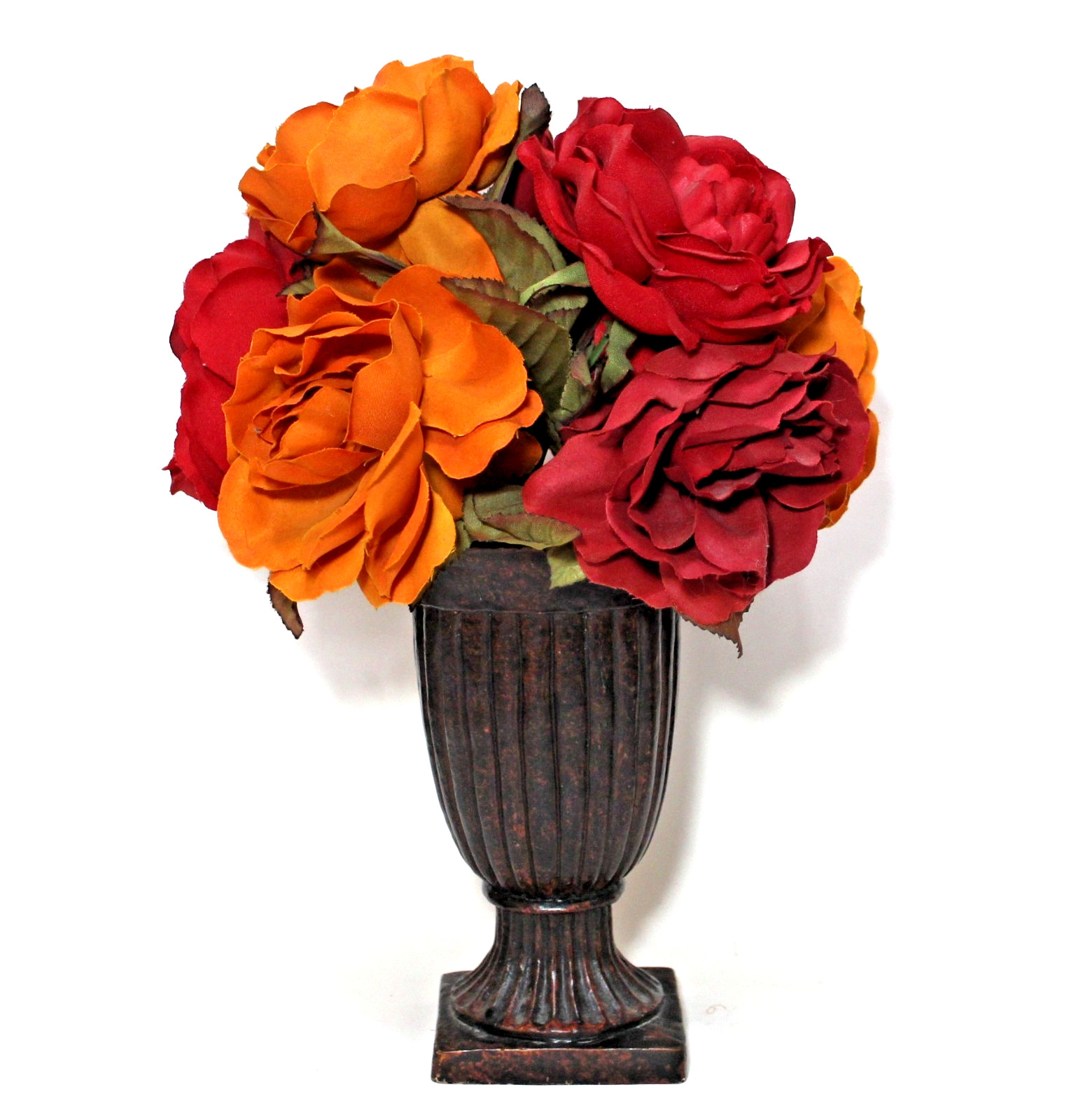 Vintage Urn Planter Brown Vase with Silk Flower Arrangement Red Roses