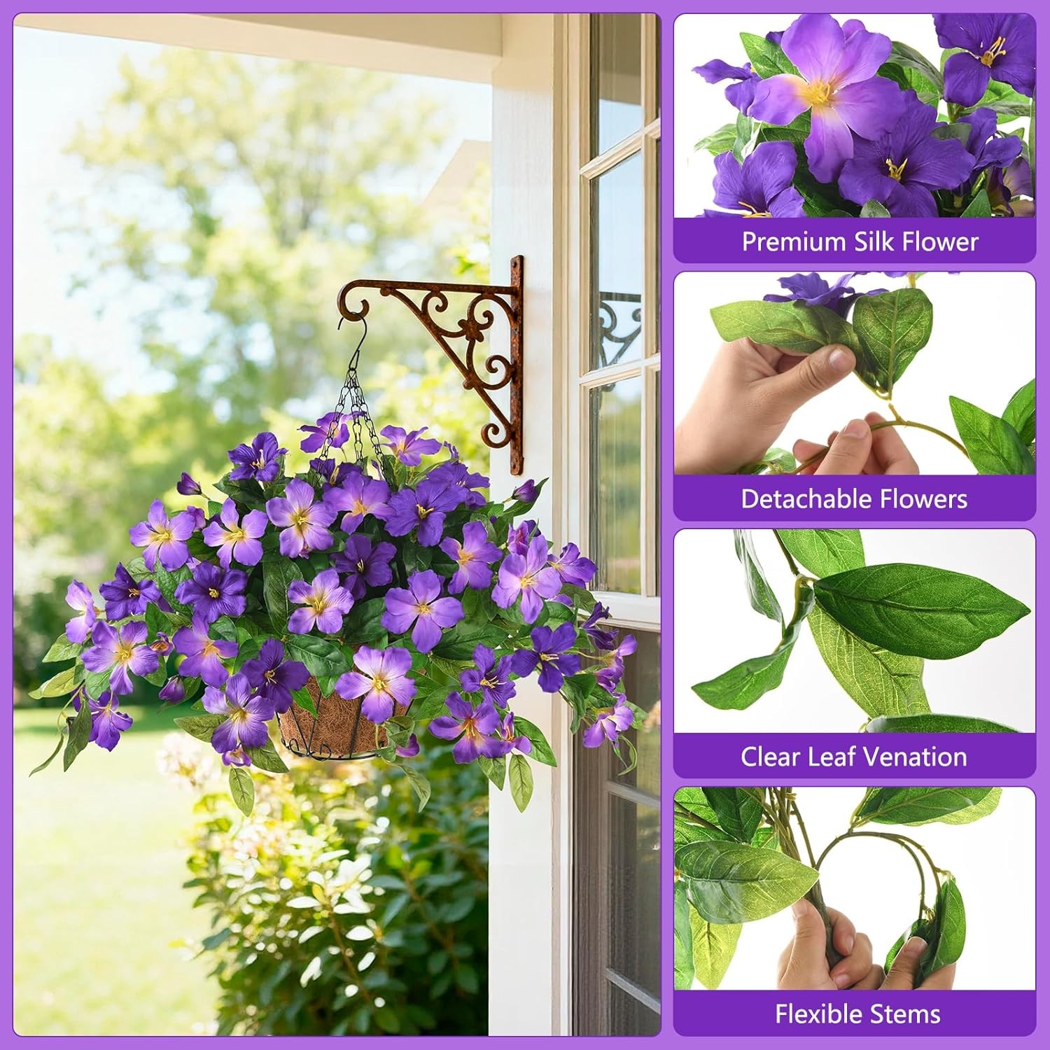 Artficial Fake Hanging Flowers Plants with Baskets, 3PCS Silk Faux Outdoor