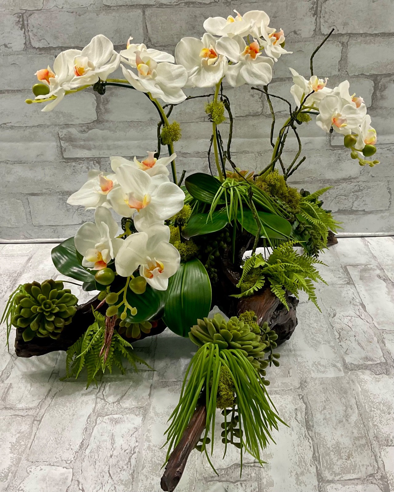 Large Driftwood Orchid Arrangement, White Real Touch Orchids Succulents 28’x17′
