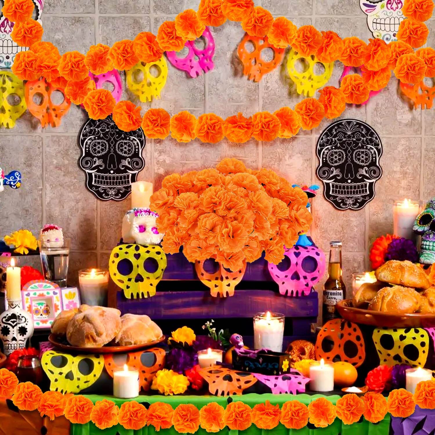 50 Pcs Marigold Flower Heads Artificial Flowers Day of The Dead Halloween Party