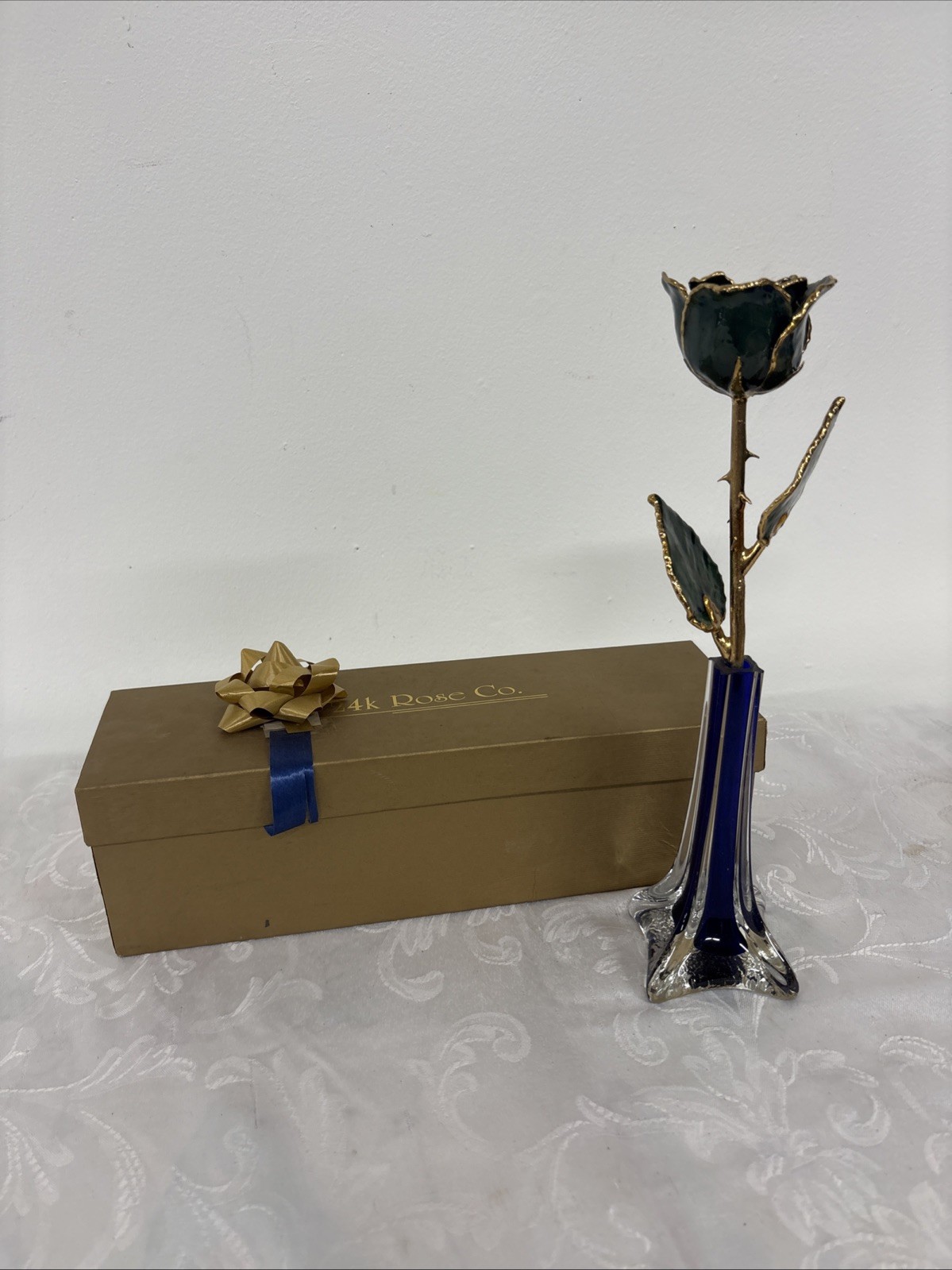 Vtg Real 24k Dipped Green American Rose Bradow Jewelers Watertown WI with Box