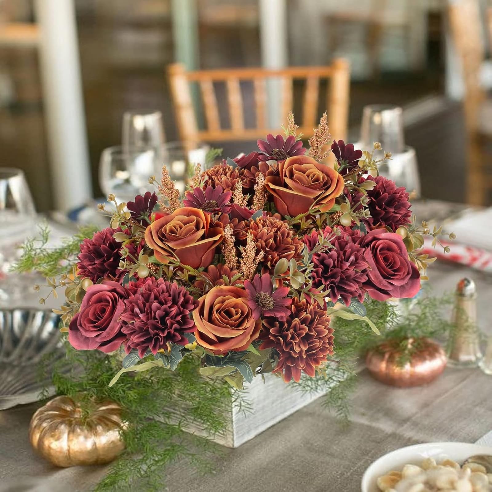 2 Bundles Artificial Fall Flowers 2 Colors Fake Roses Silk Bouquets with Hydr…