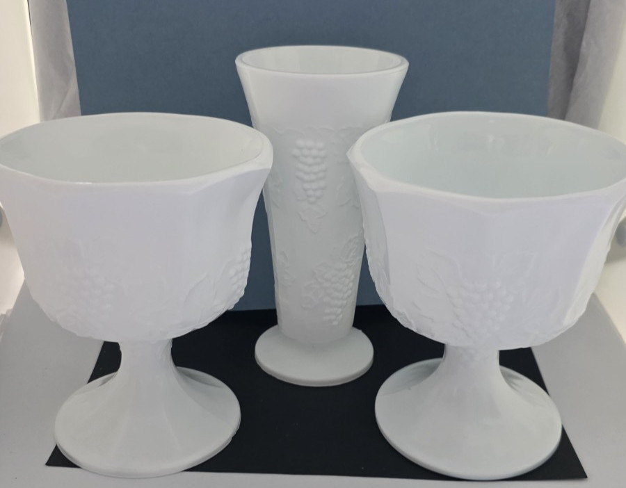 Vintage Milk Glass Lot of 3 Grape Pattern Vases & Compote Set White