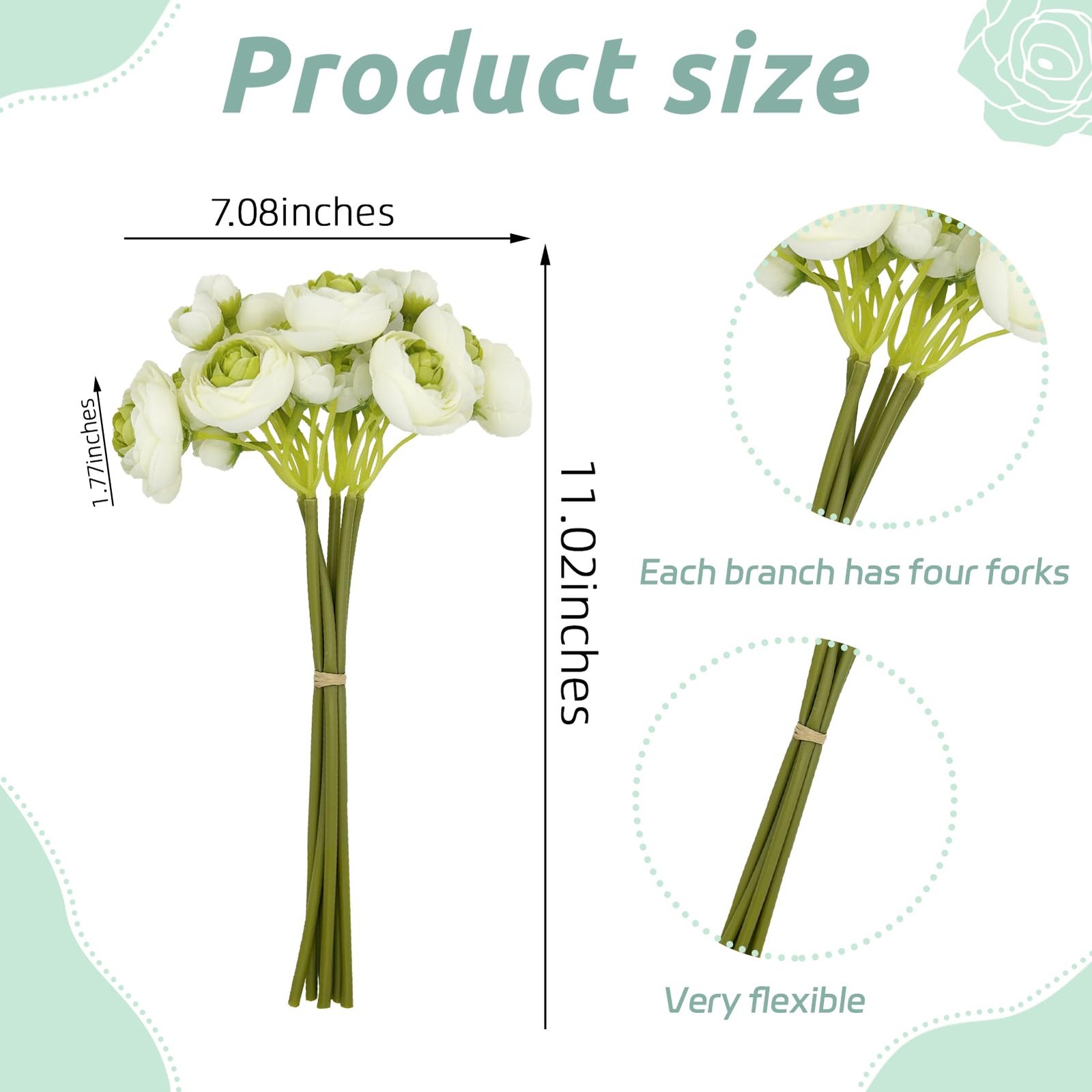 Green Flowers Artificial Ranunculus 11 Inch 6 PCS Silk Real Touch Vase Decor