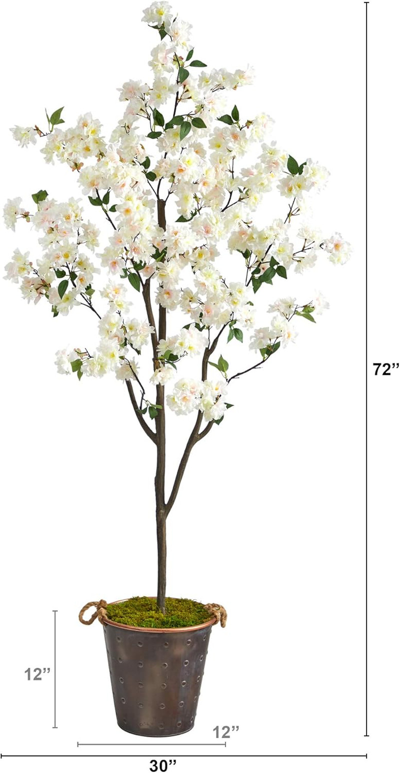 6Ft Cherry Blossom Artificial Tree in Stylish Metal Pail with Rope