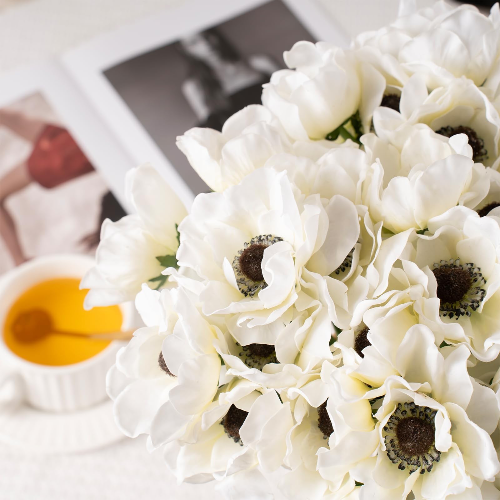White Anemone Artificial Bouquet, 9 Stems Real Touch Silk Poppy Flowers for D…