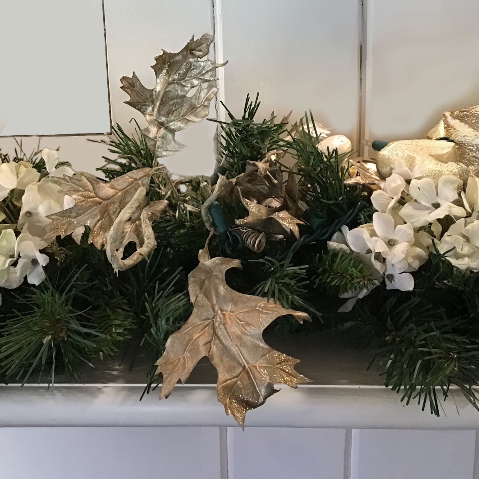 Holiday Swag with white silk Magnolias Hydrengeas Silver Glass Bubbles Gold