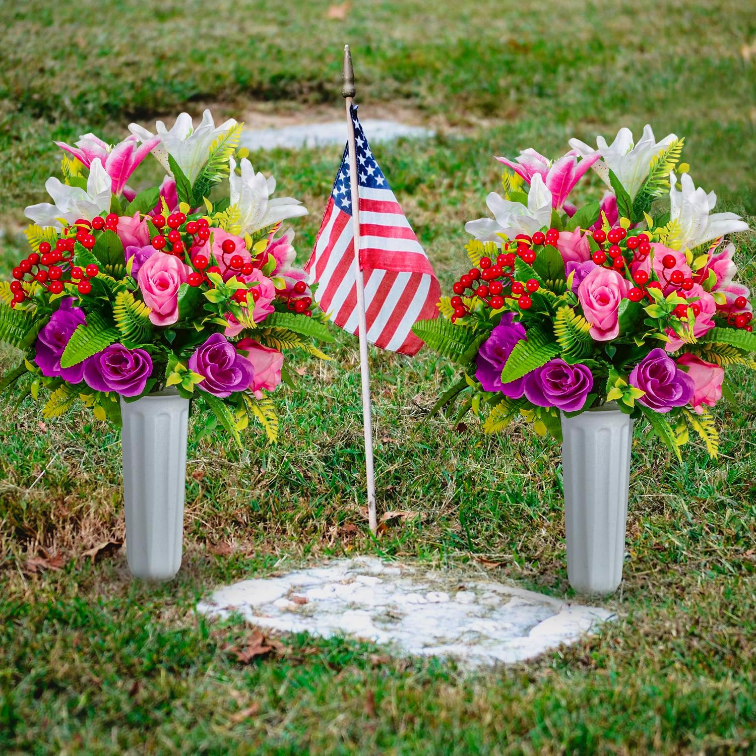 XONOR Artificial Cemetery Flowers with Vase, Set of 2 Artificial Rose Lily Bouqu