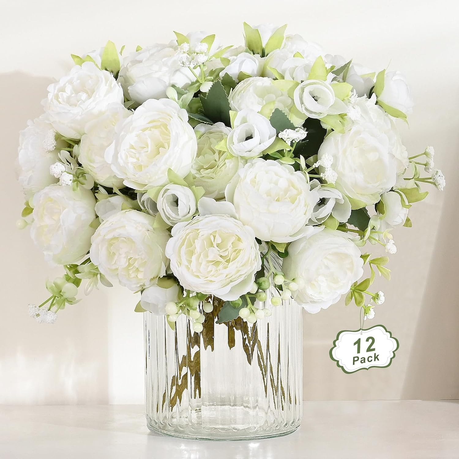 4 Packs White Peonies Silk Bouquet, Artificial Centerpiece Wedding Decor