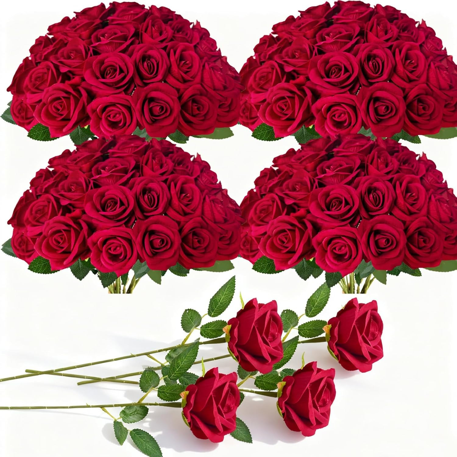 100 Pcs Red Fake Roses Bulk Artificial Flowers, Artificial Velvet Silk Roses Bou