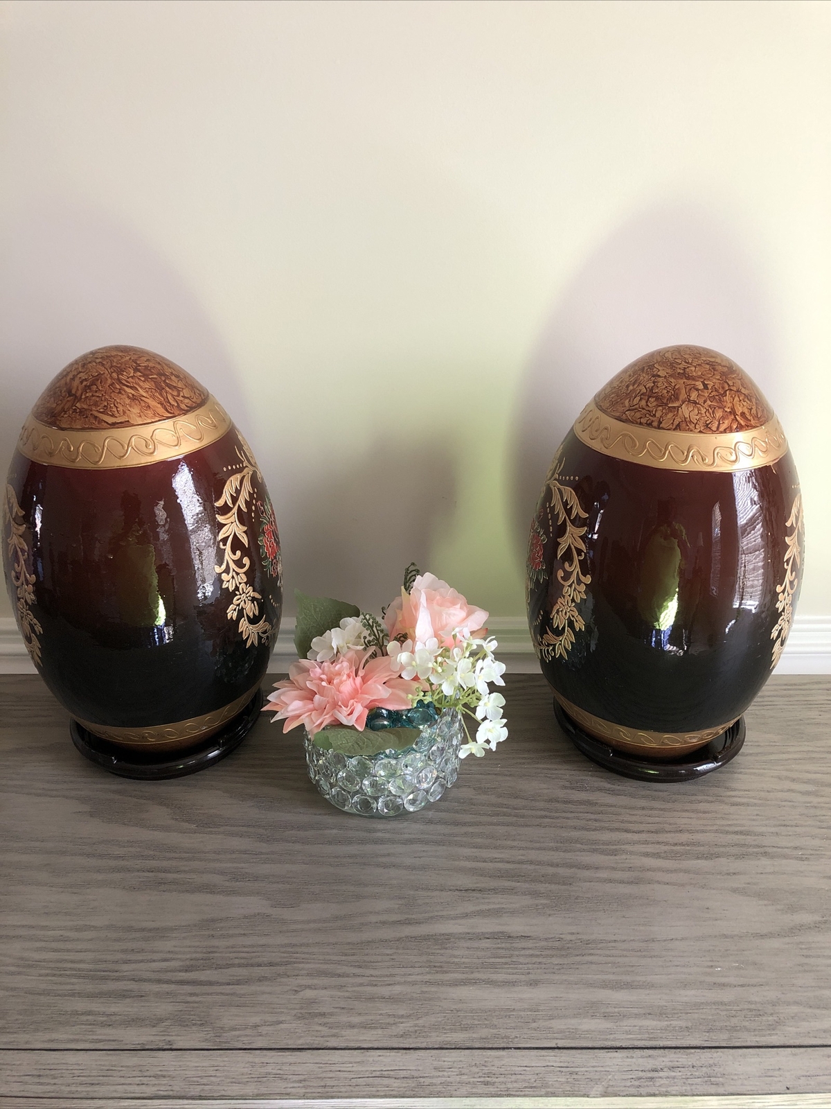 Easter Oval Eggs Pair Goldish Roses Pattern Flower Plant Wreath Design 14×8″