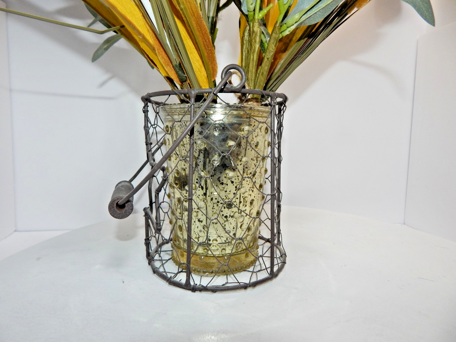 Bouquet Mix Artificial Fall Foilage ripened wheat grains stems glass wire basket