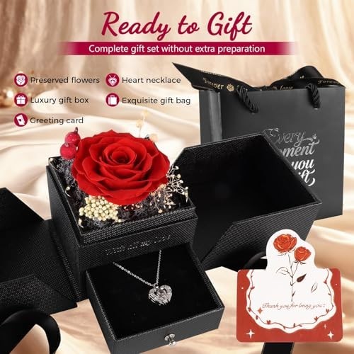 Real Red Rose Gift Box with Heart Necklace, “I Love You” in 100 Languages, Roman