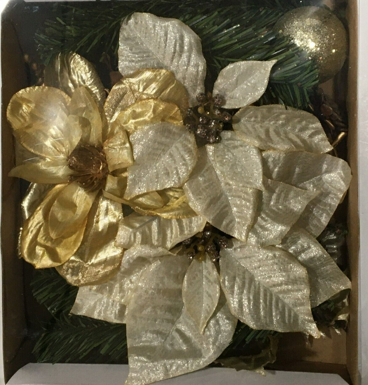 NEW ASHLAND 38 PC FLORAL ACCENTS GOLD POINSETTIA MAGNOLIA GREENERY PINECONES