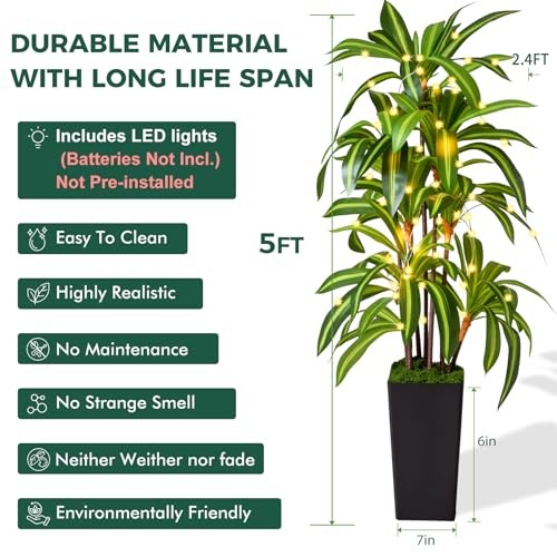 5FT Artificial Dracaena Tree Faux Plant Black Planter