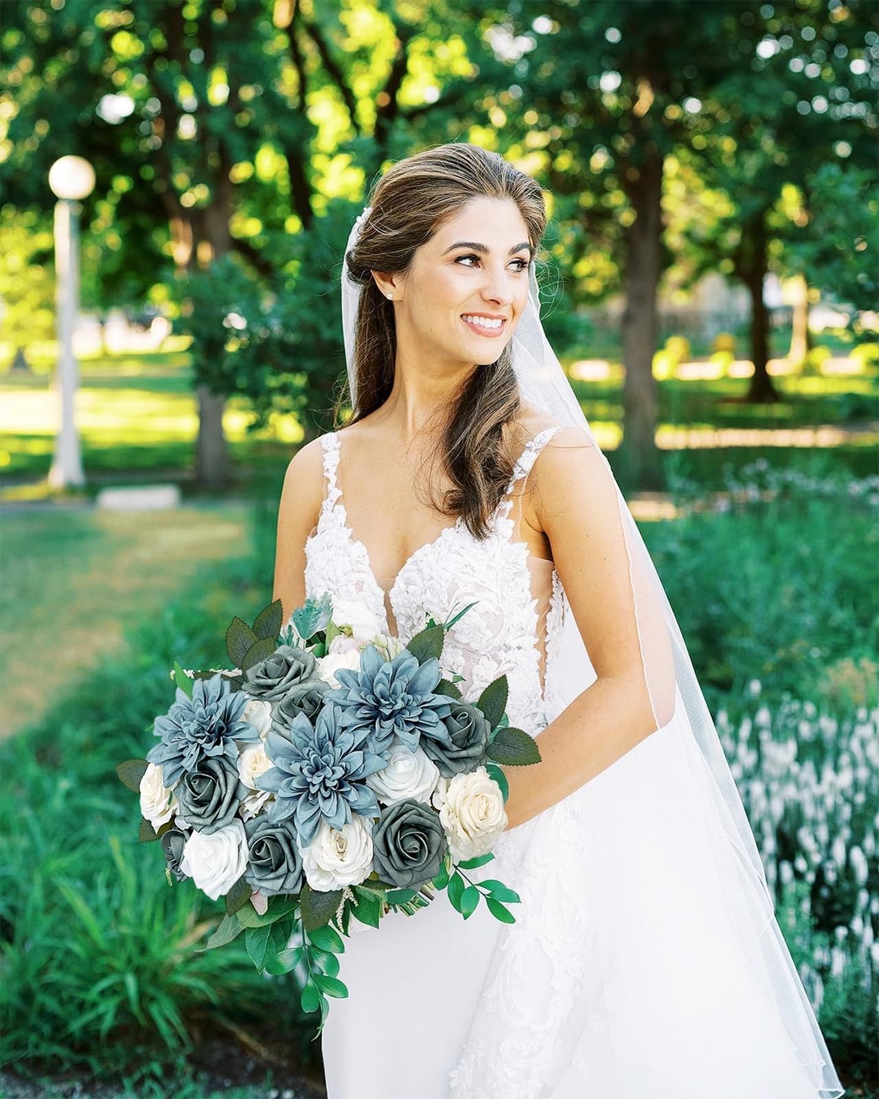 Roses Artificial Flowers, Dusty Blue, Silk, Wedding Bouquets, Centerpiece