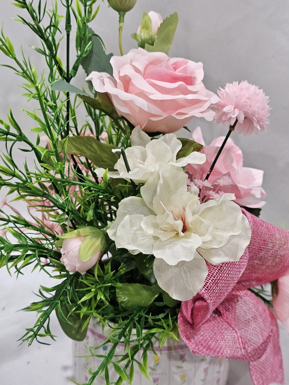 Artificial Flower Arrangement Soft Pink Roses in a beautiful pink & White vase