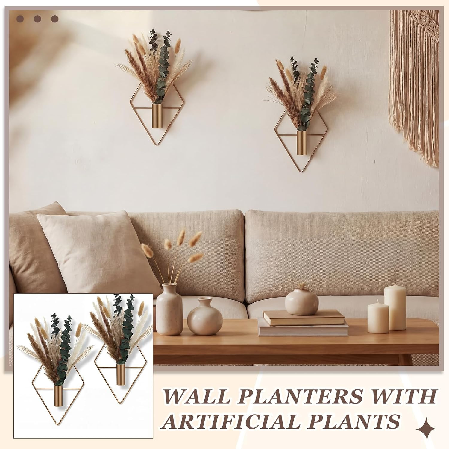 4 Pcs Hanging Planters with Artificial Pampas Metal Hanging Vase Indoor Plants H