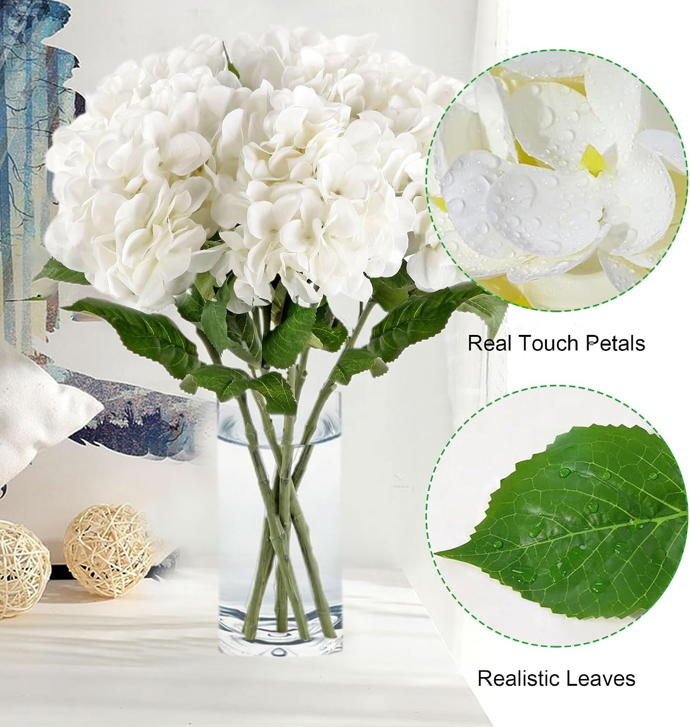 5 Pcs White Hydrangea Artificial Flowers, 21” Faux Hydrangea with Stems | Reali