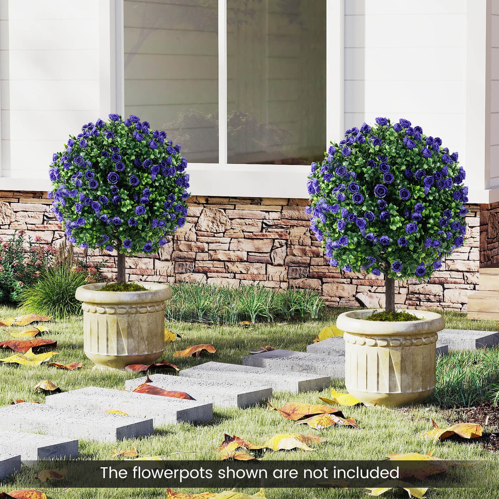Set of 2 Artificial Purple Rose Topiary Ball Trees 22″ Faux Boxwood Ball Tree