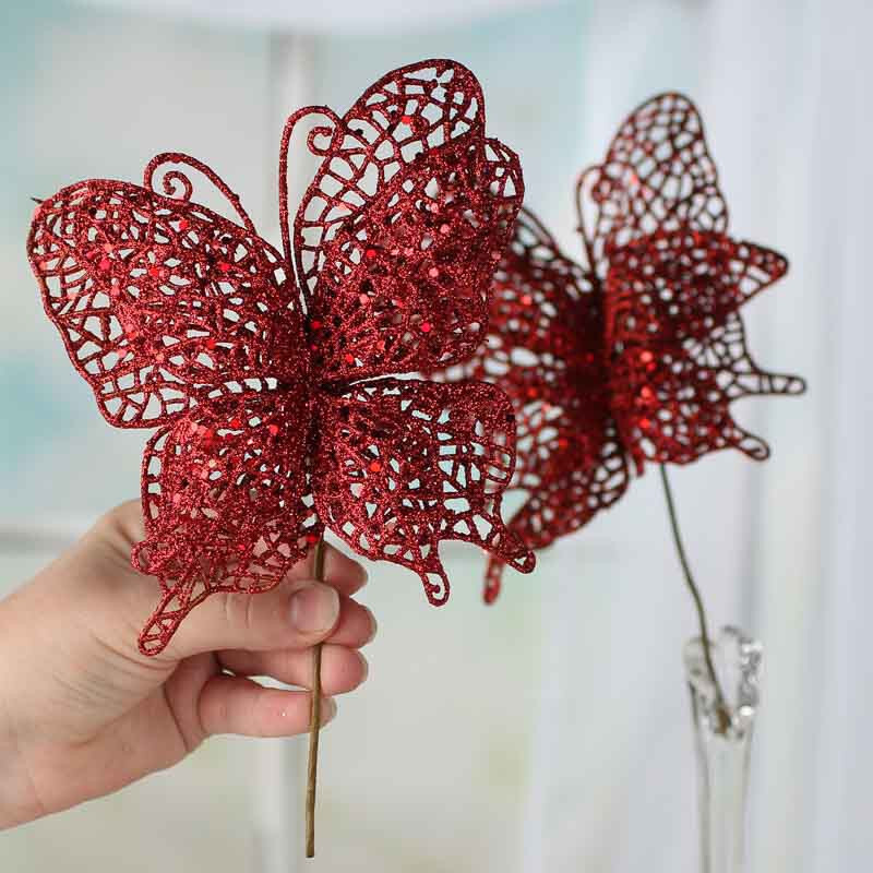 Pack of 18 Red Sparkling Mesh Artificial Butterfly 8-3/4″ Picks