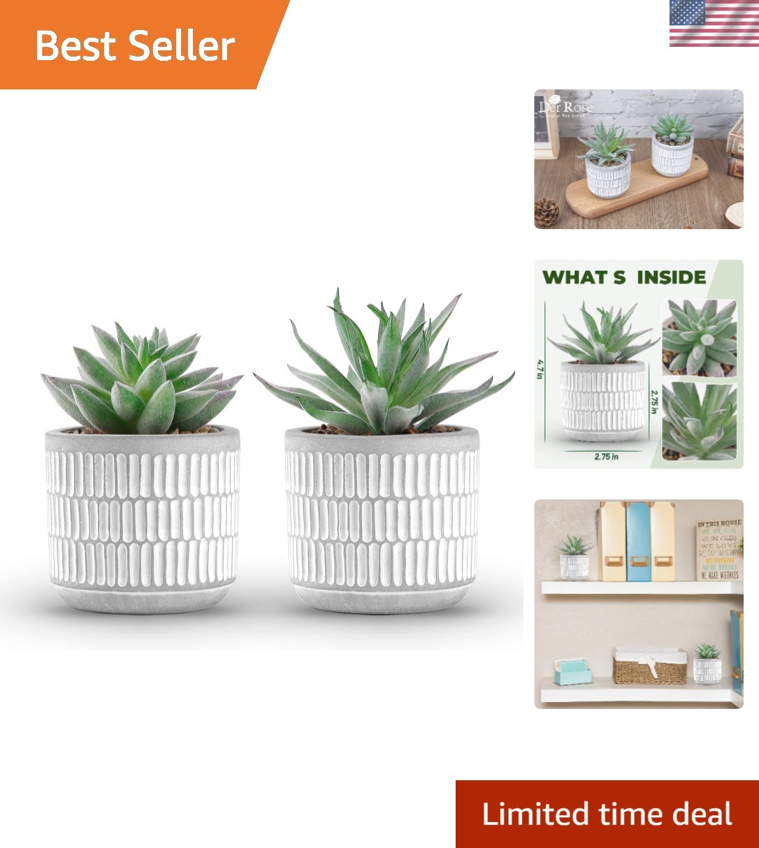 2 Pack of Stylish Striped Planters with Realistic Faux Succulents – Eco-Friendly