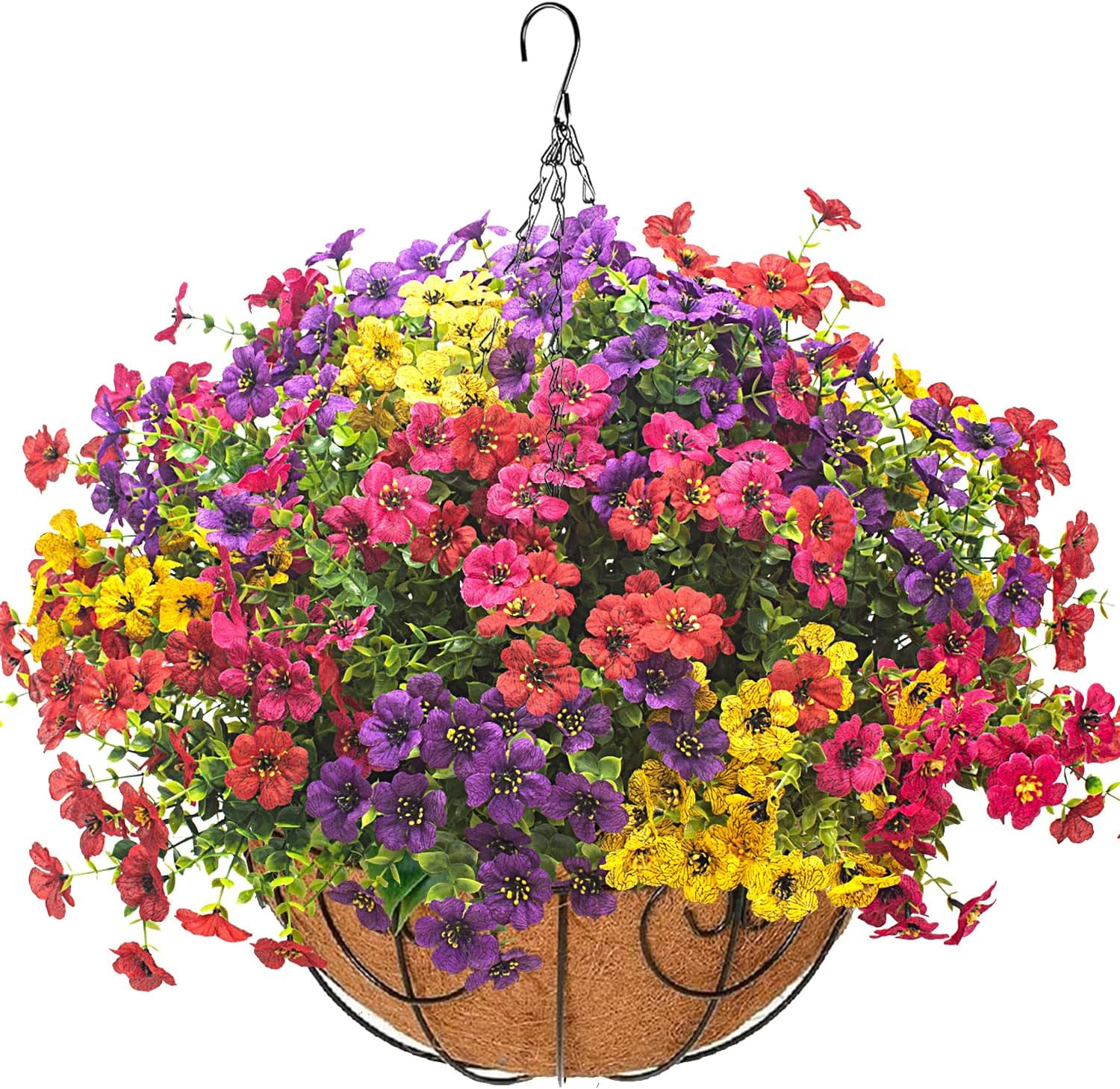 Grunyia Artificial Hanging Flowers Basket with Colorful Silk Daisies & Eucalyptu