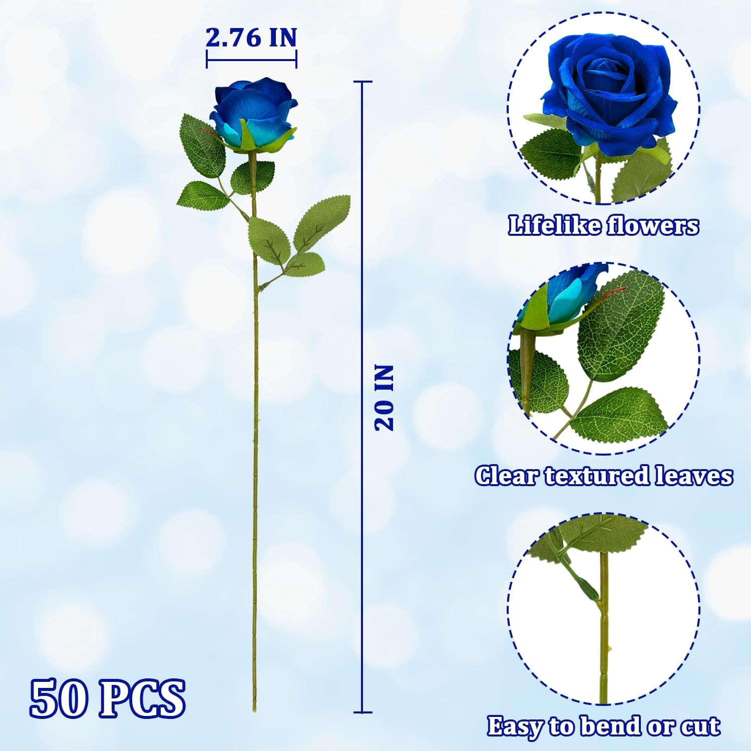 Wondrus 50 PCS Royal Blue Artificial Flowers Fake Velvet Blue Roses with Stems