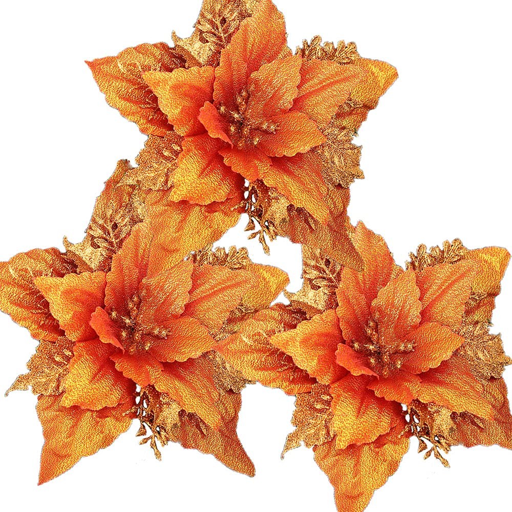 12 PCS Orange 7 Inch Glitter Christmas Poinsettia Artificial Flowers Decor