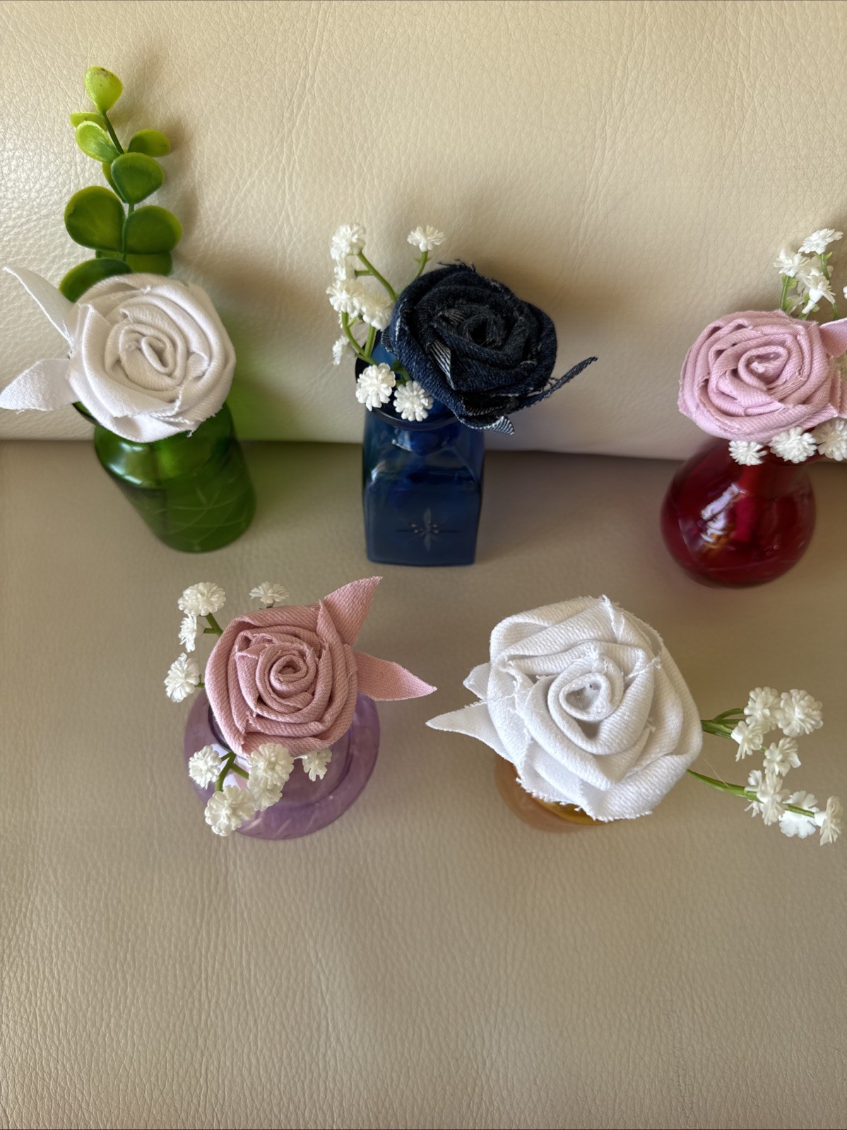 Five Small Upcycled 3 1/2” Vases With Coordinating Colors Handmade Denim Roses