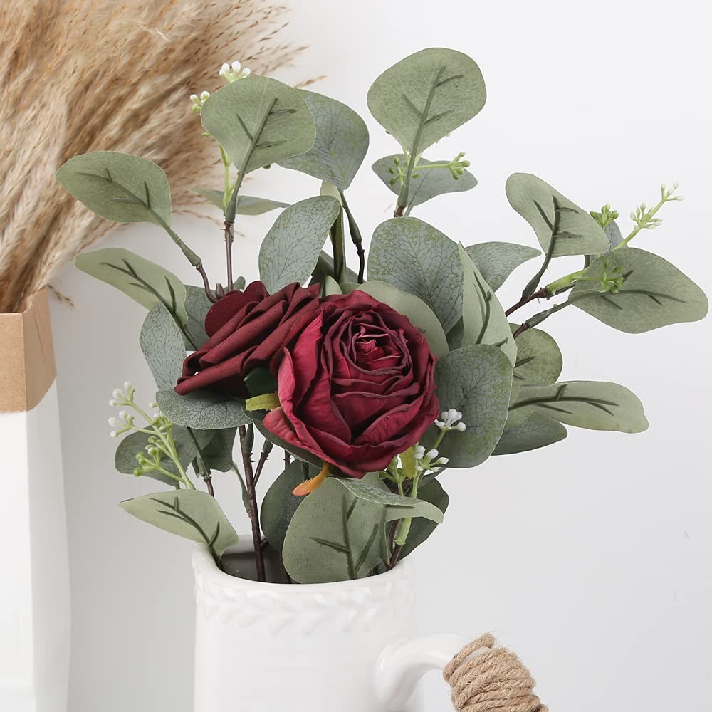 IPOPU Burgundy Artificial Flowers Roses Heads 25pcs Fake Dried for Decoration