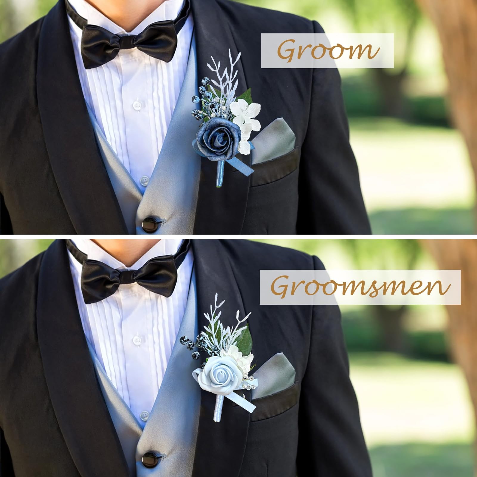 2 PCS Dusty Blue Wedding Boutonniere For Men Groom Groomsmen Rose Flowers