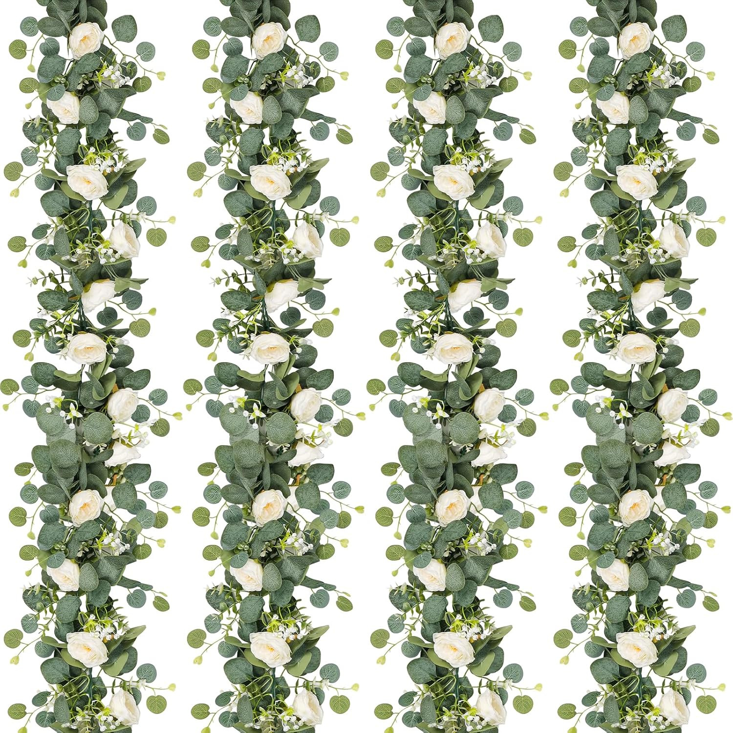 4 Pack Eucalyptus & White Rose Garland for Wedding & Home Decor