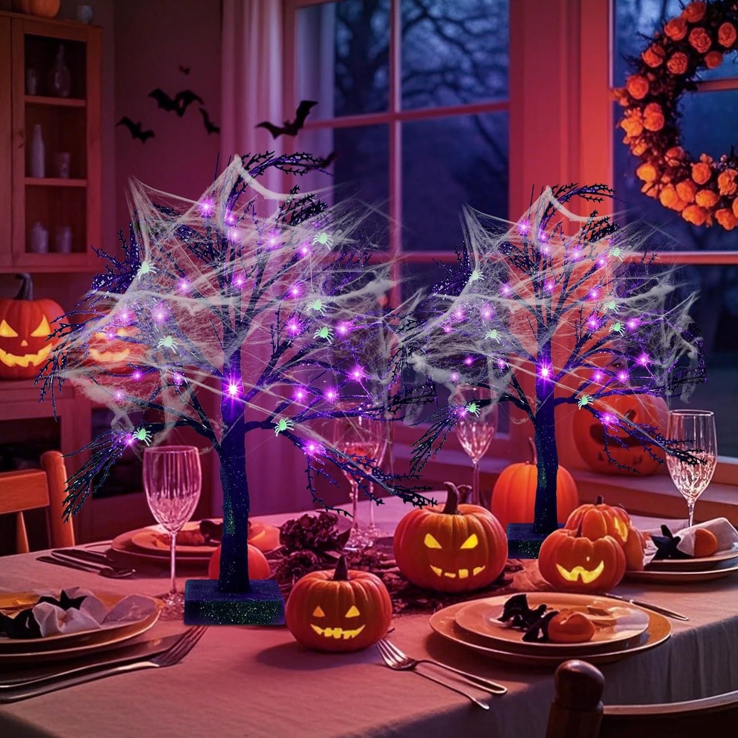 2 Pcs Halloween Black Spooky Tree with 24 LED Purple Lights, Spider Web and 1…