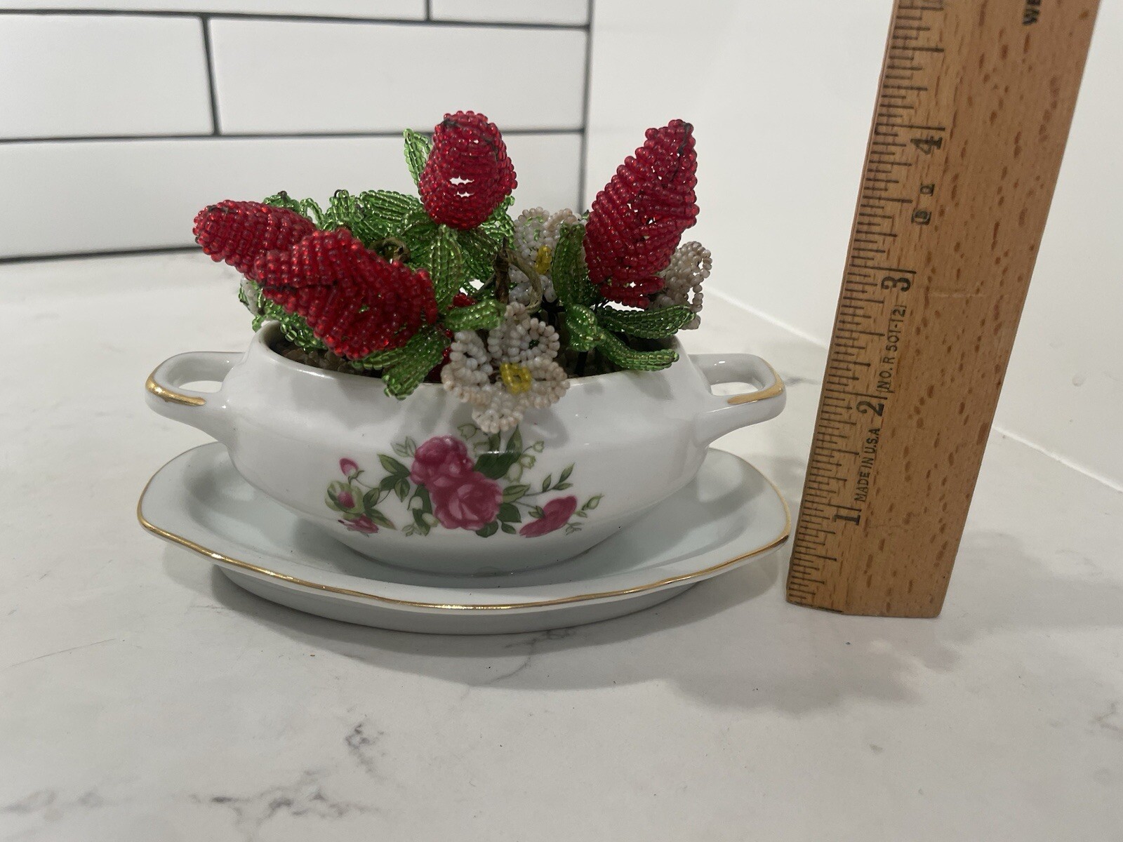 Vintage Seed Bead Arrangement In Royal Crown Mustard Porcelain Dish