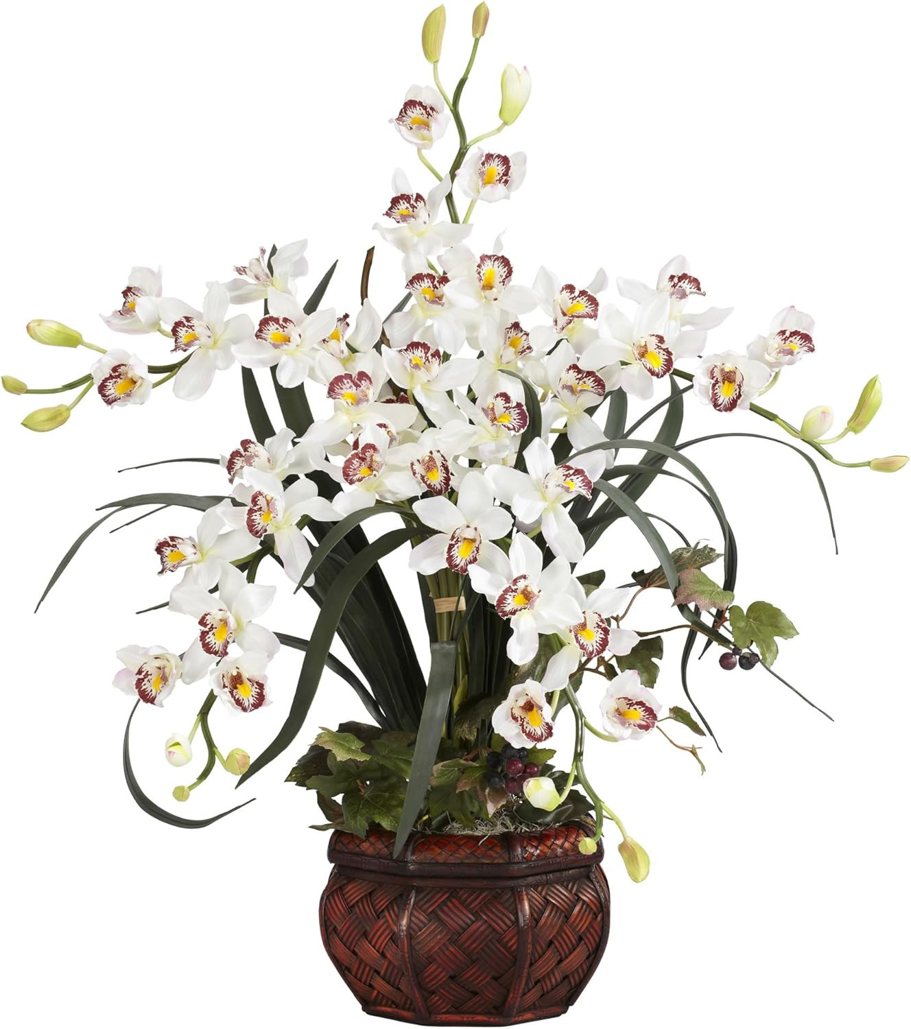 Cymbidium Silk Flower Arrangement in Decorative Vase –
