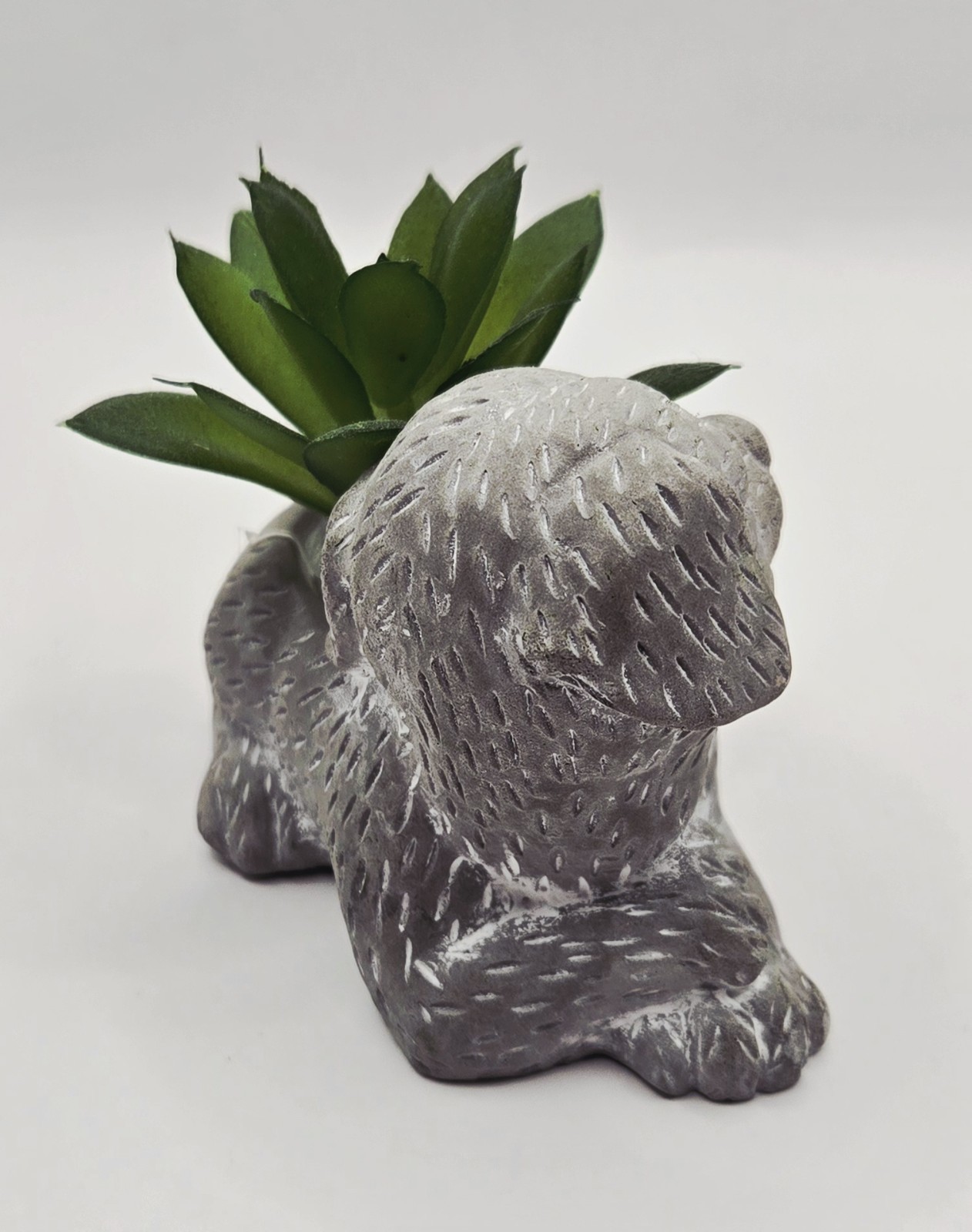 Cute Shaggy Puppy Dog Planter with Artificial Succulent Mini Decor Grey