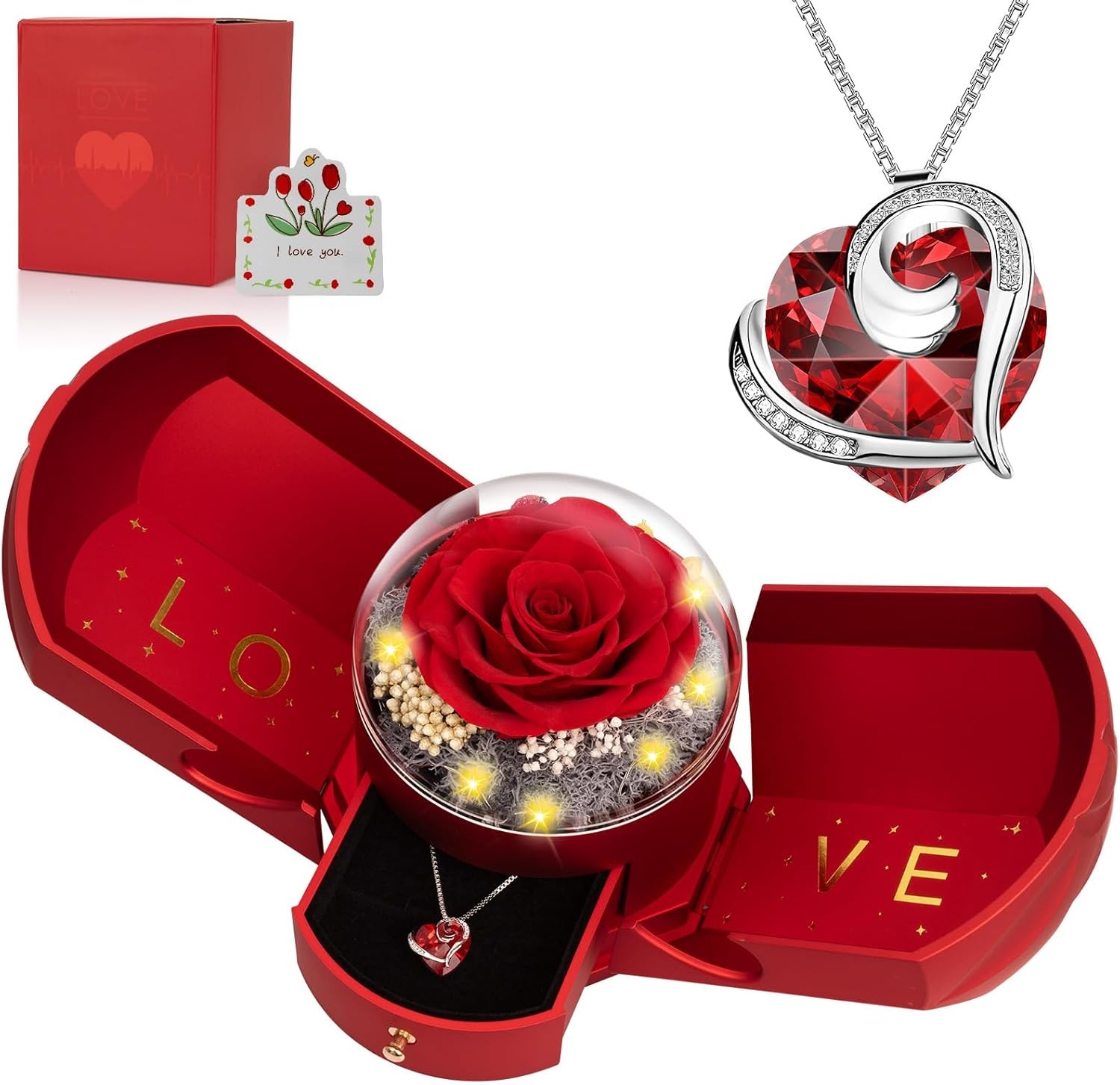 Preserved Real White Rose with Necklace Forever Flowers Rose Valentines Day Gift