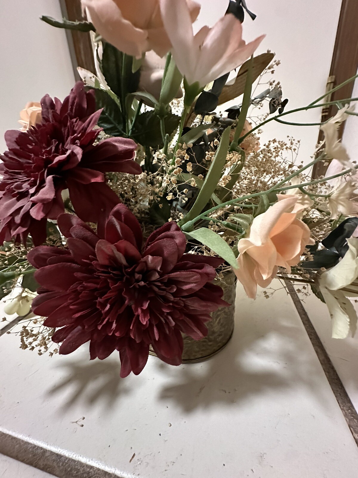 Silk Floral Arrangement Antiqued Brass Planter 18″W X 12”T Eucalyptus & Various