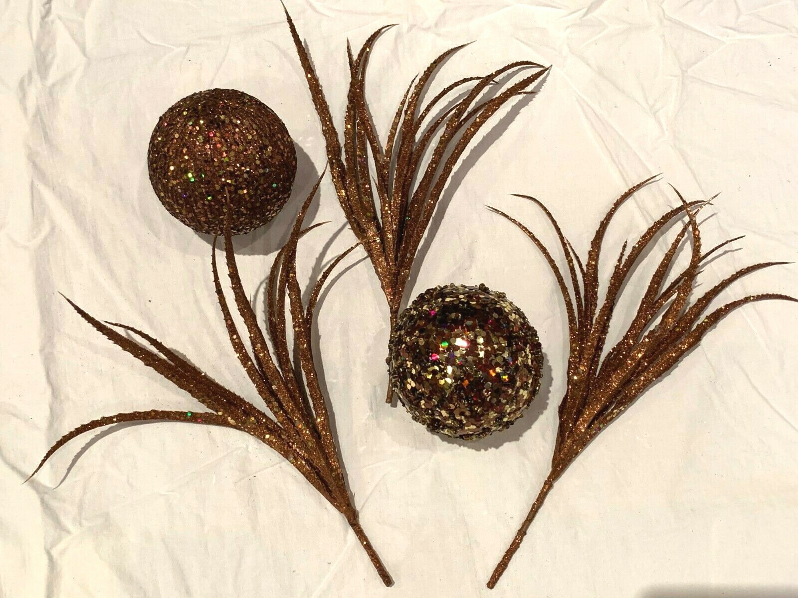 Bronze Gold Swag 2 Orbs 3 Feather Floral Picks Balls Sparkle Holiday Decorating